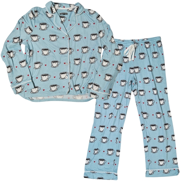 PJ SALVAGE Coffee Pajama Set 2-Piece Long Sleeve/Drawstring Pants Women Blue ☕ - Picture 1 of 4